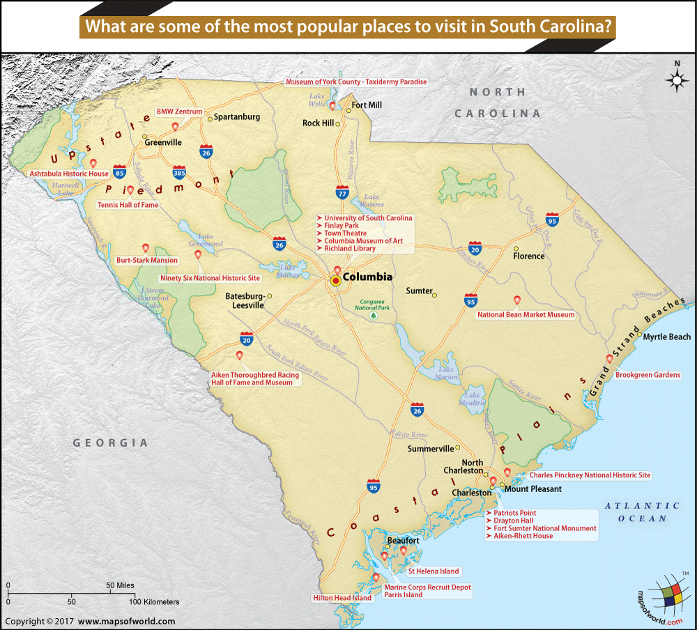 Map of South Carolina most famous places to visit