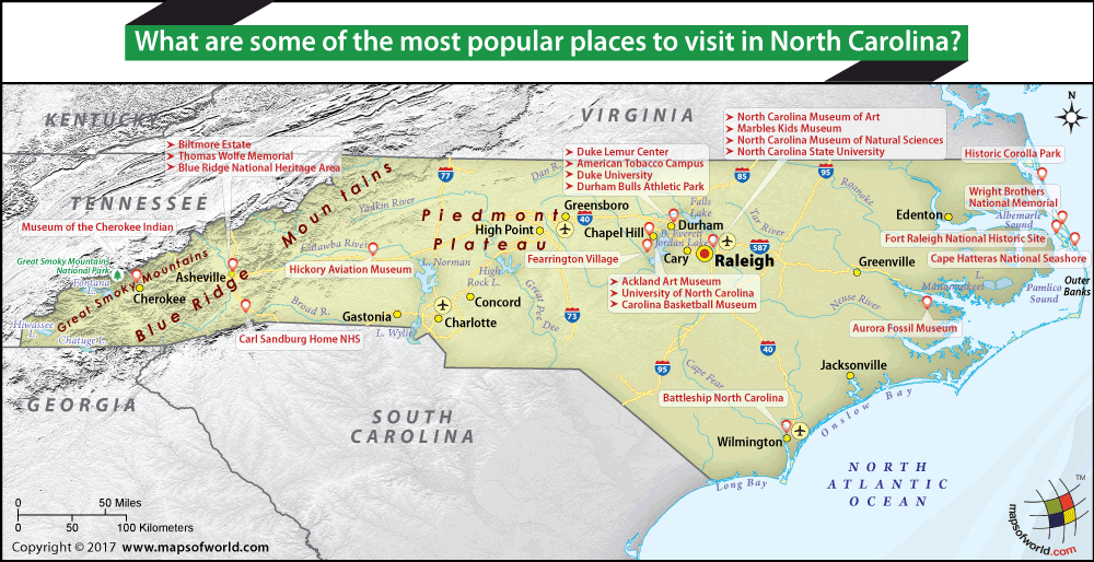 Map of North Carolina showing most popular places to visit