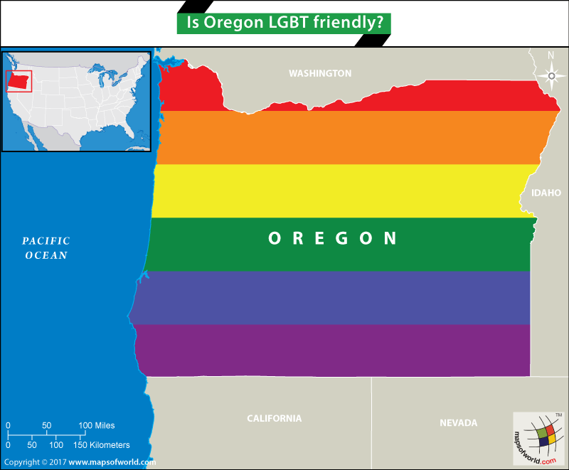 Map of Oregon in LGBT flag colors