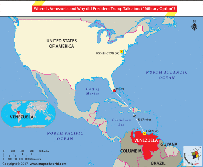 Map highlighting Venezuela and its distance from Florida, USA