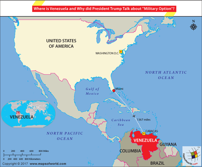 Map highlighting Venezuela and its distance from Florida, USA