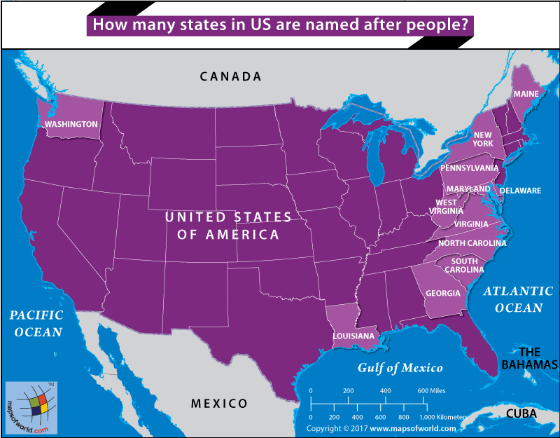 US Map highlighting states that are named after people