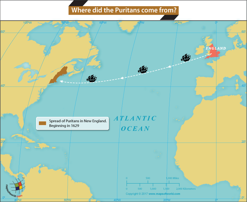 Map highlighting England and part of US where Puritans set colony