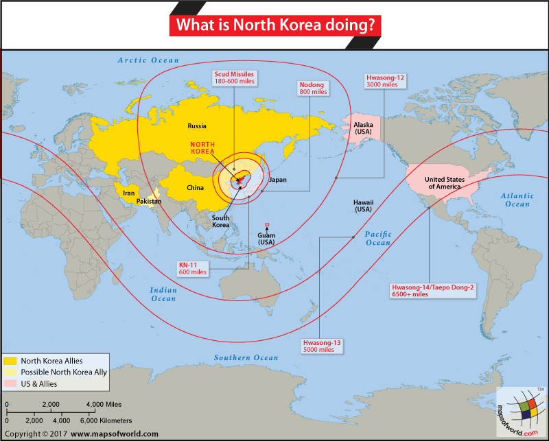 World map showing missile range of North Korea