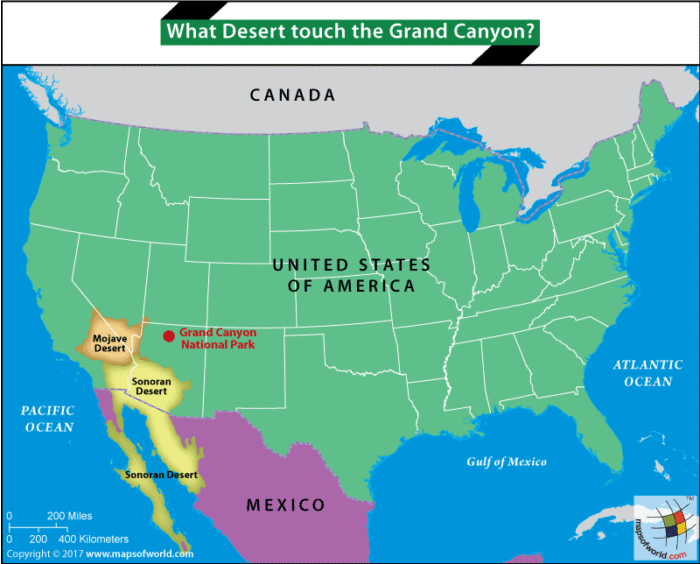 Map of USA highlighting Grand Canyon national park, Sonoran Desert аnd Mоjаvе Desert