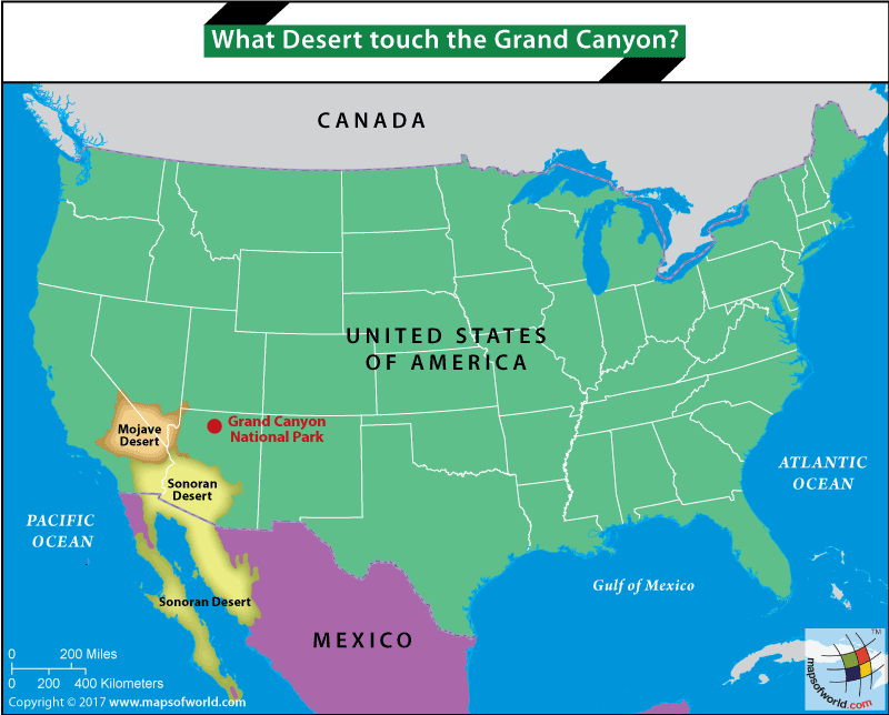 Map Of Usa Deserts Map of USA highlighting Grand Canyon national park, Sonoran Desert 