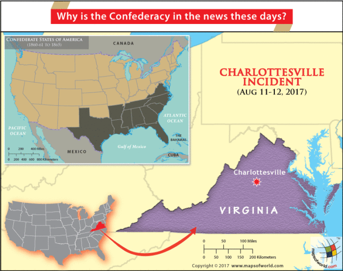 Map showing location of Charlottesville in Virginia and also showing the confederate states on USA map