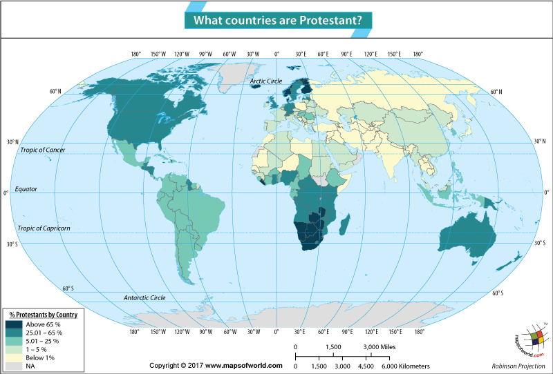 World Map showing country wise population of Protestants 