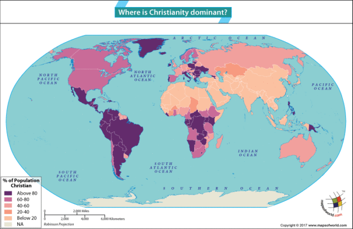 World map highlighting countries where Christianity is dominant