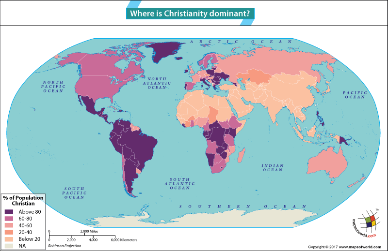 World map highlighting countries where Christianity is dominant