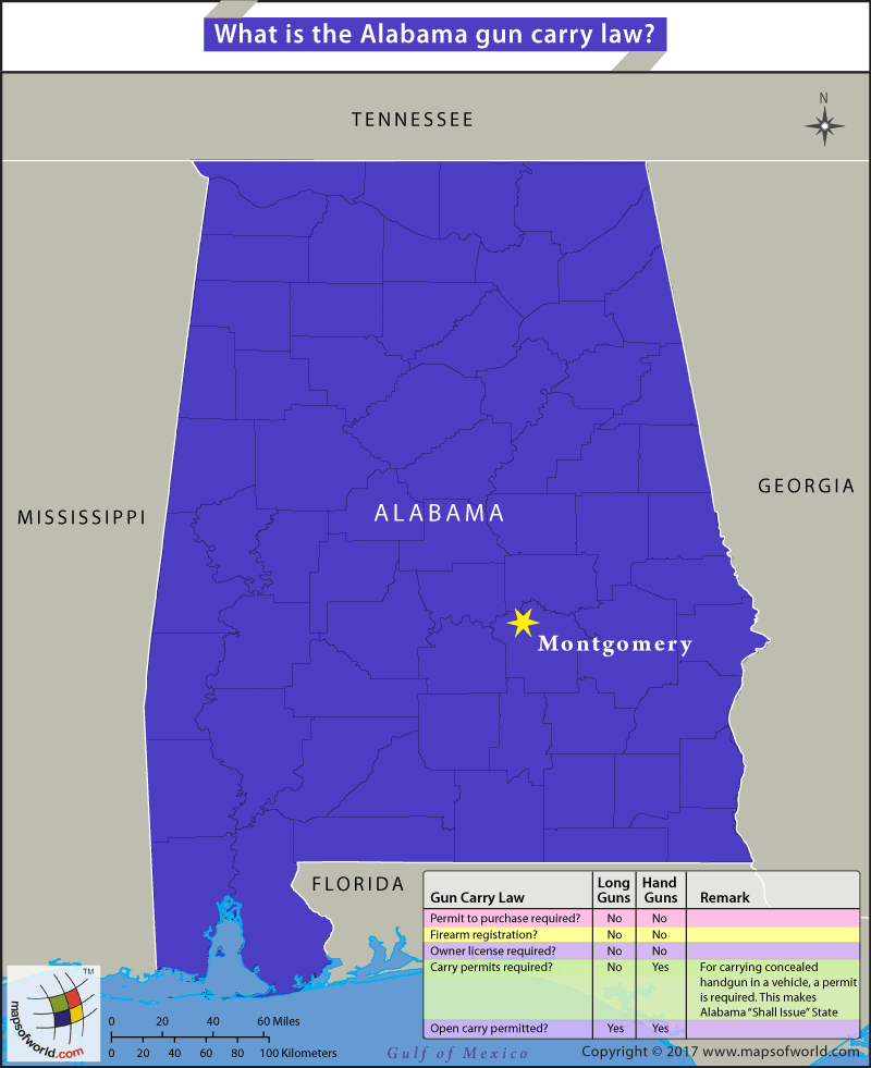 Map of Albama showing highlights of gun carry law