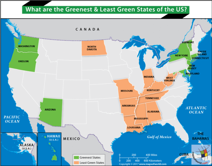 USA map highlighting the greenest and least green states