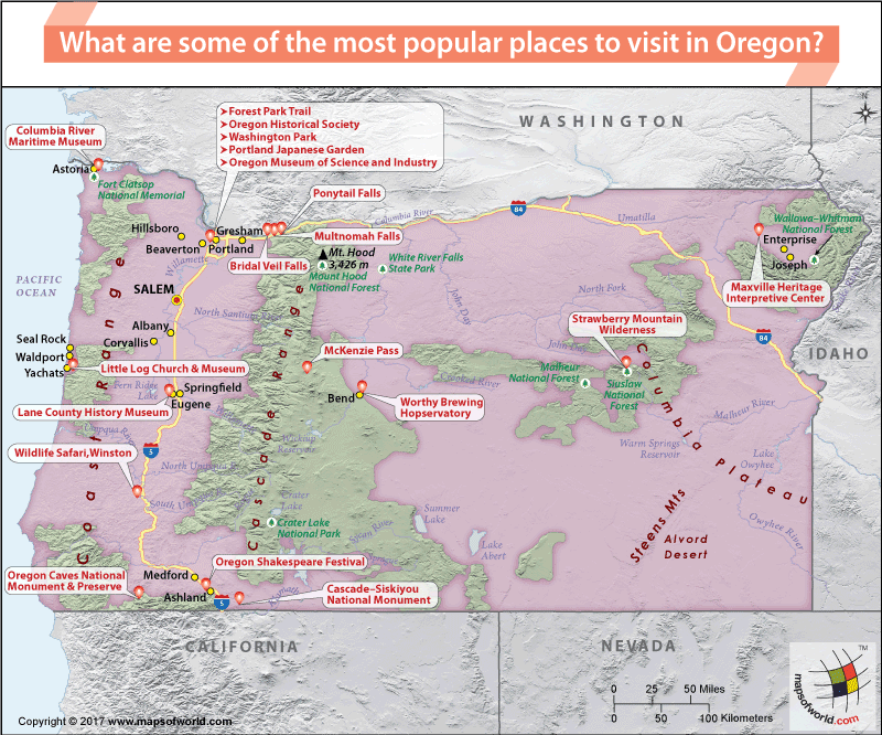 Map of Oregon showing the most popular places to visit in the state