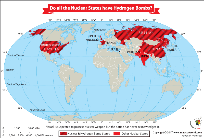 Map of world showing countries having nuclear and hydrogen bombs