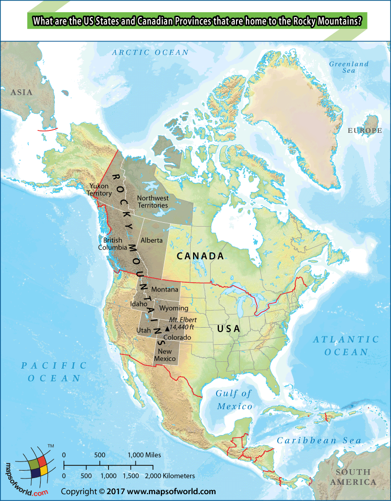 Location map of Rocky Mountains within USA and Canada
