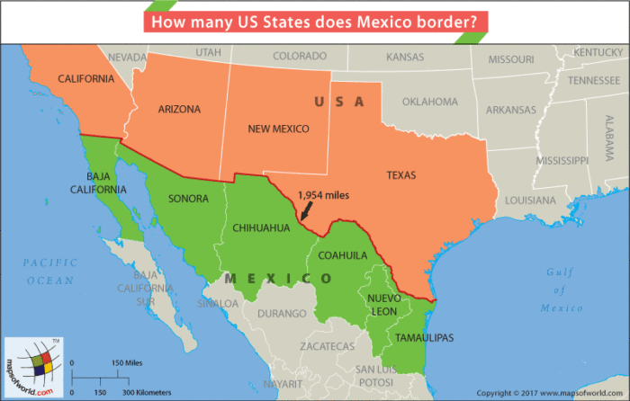 Map highlighting Mexico and the US states which border Mexico
