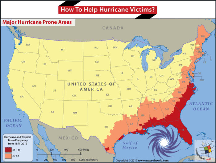 Map of USA highlighting Hurricane prone areas Answers