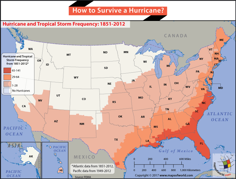 USA map highlighting Hurricane prone regions