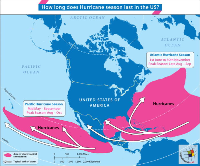 USA map of Hurricane season dates highlighting areas which usually are affected by Hurricane