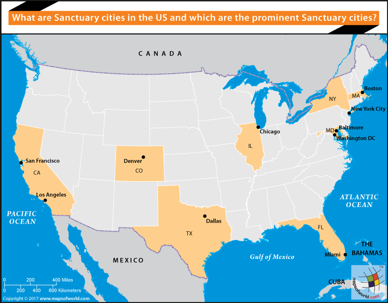 Map of USA highlighting Sanctuary cities