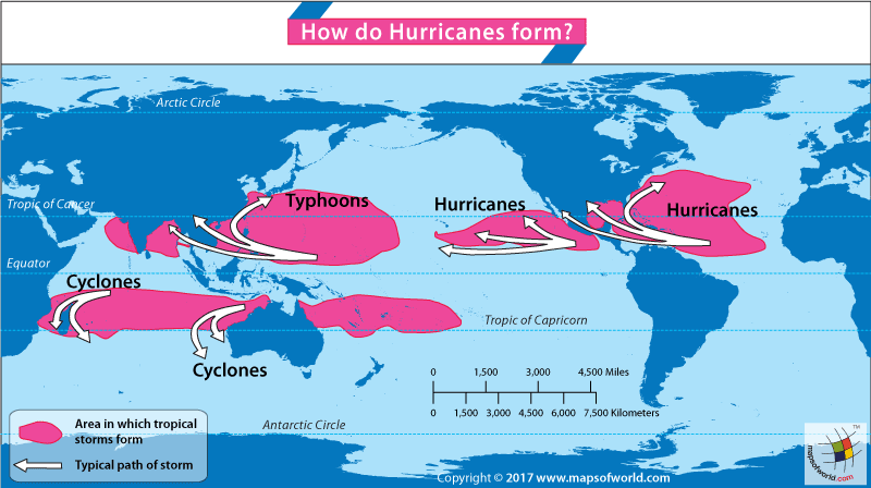 World map highlighting places where Hurricanes are formed