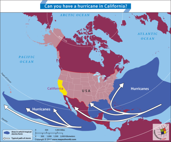 Map of America highlighting California and showing the region where Hurricanes hit