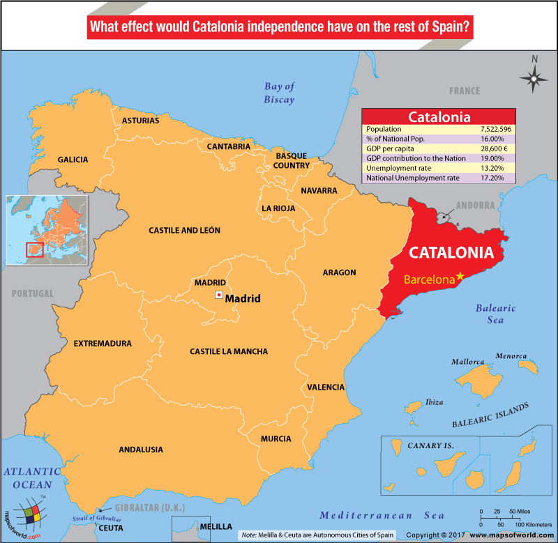 Map highlighting Catalonia in Spain & showing economic stats