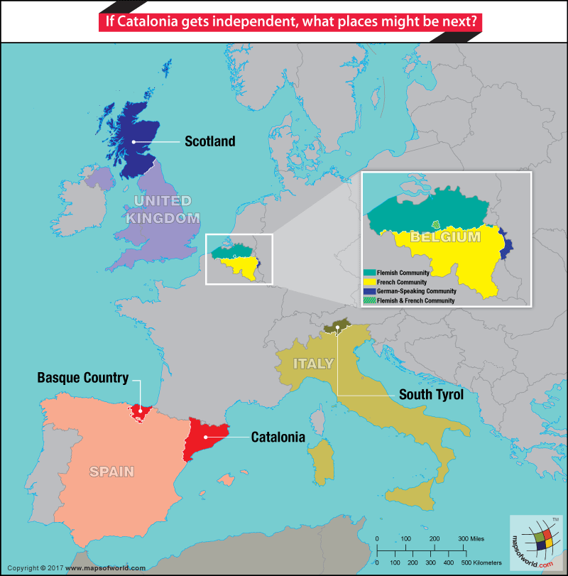 Map of Europe highlighting countries where some regions might ask for independence