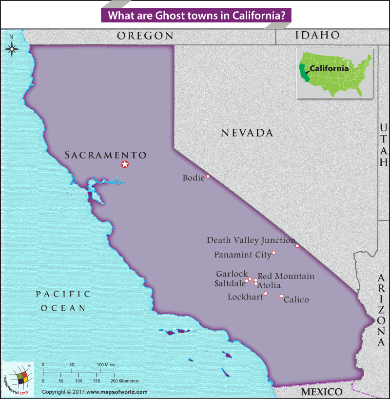 Map of California highlighting the famous ghost towns of the state