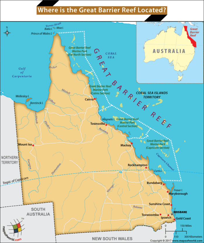Map Showing Location of the Great Barrier Reef - Answers