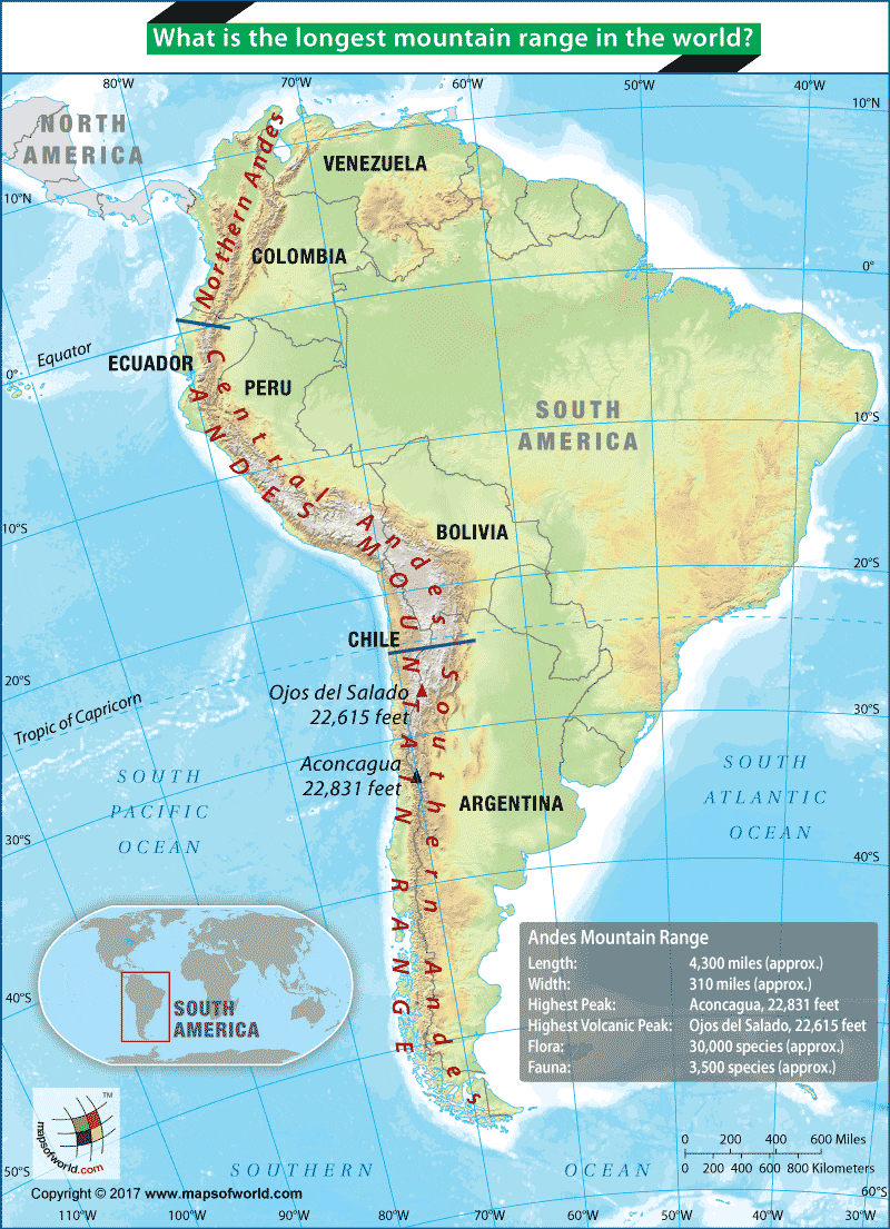 South America map highlighting Andes mountain range