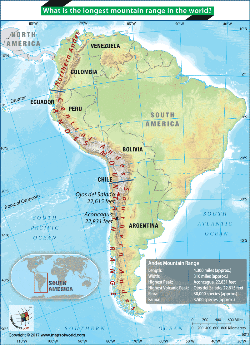 Andes Mountains Location On World Map   Longest Mountain Range In South America Map 