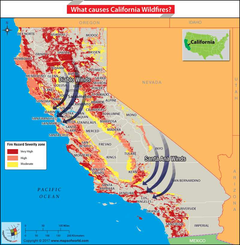 Map of California highlighting the Wildfire prone areas