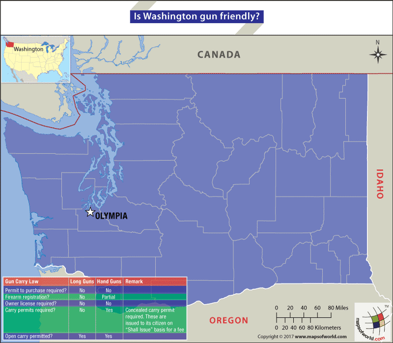 Map of Washington state with tabular data for Gun carry law