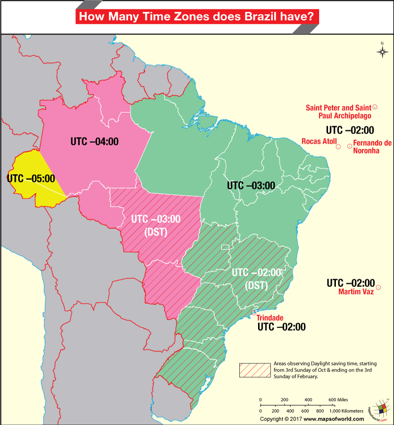 Brazil map highlighting time zones of the country