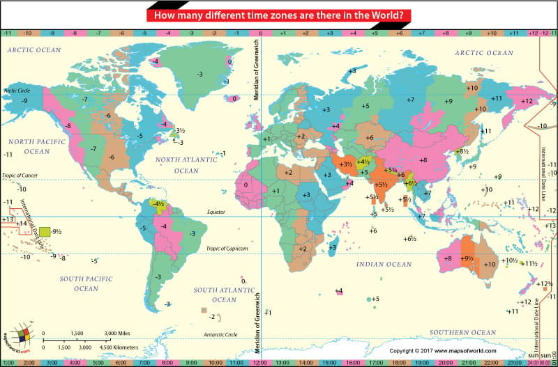 World Map demarketing number of time zones in the World