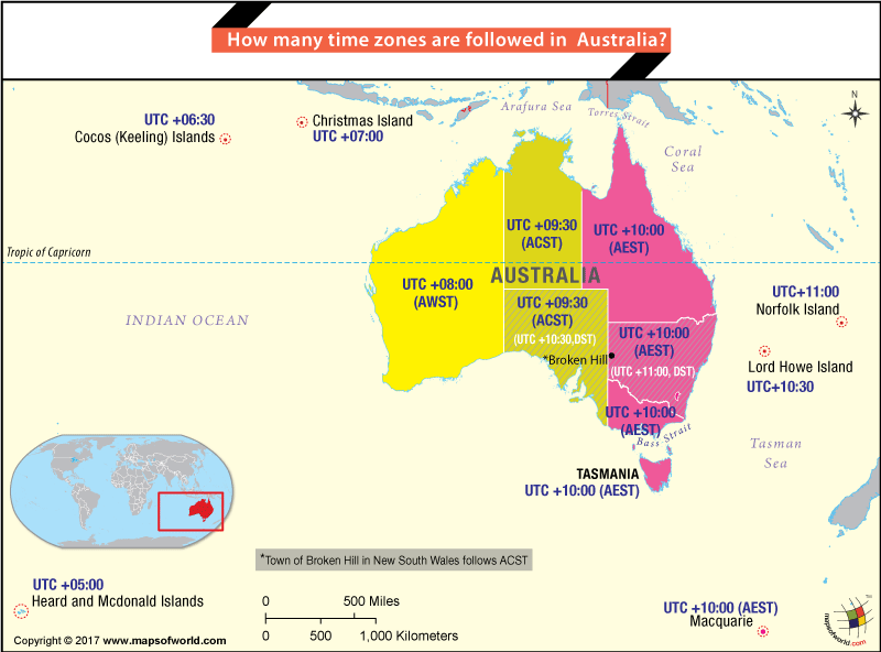 Map of Australia showing the different time zones of the Country