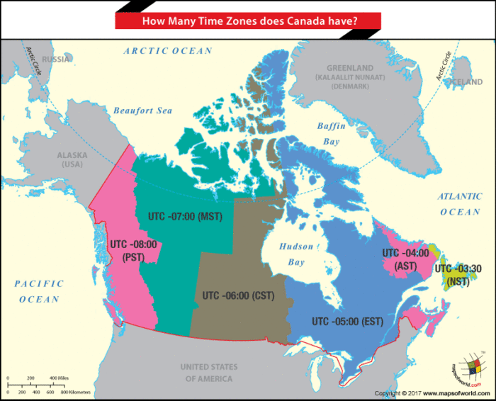 Canada Map highligting the time zones of the country Answers