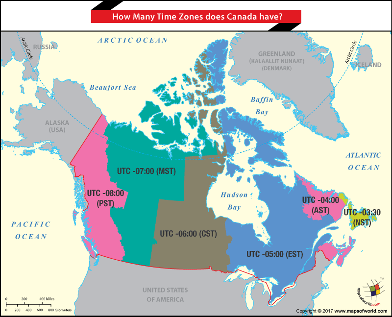 Canada Map highligting the time zones of the country