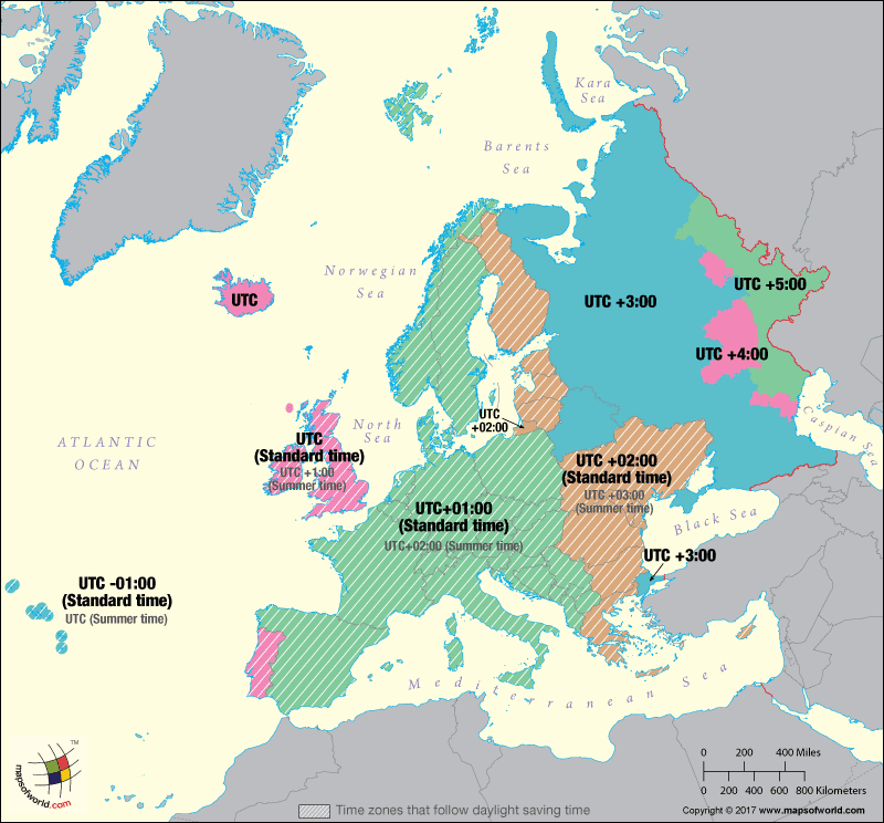 Europe Map highligting the time zones followed within the Continent