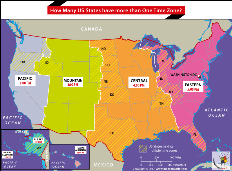 US Map highlighting states which are having more than one time zone