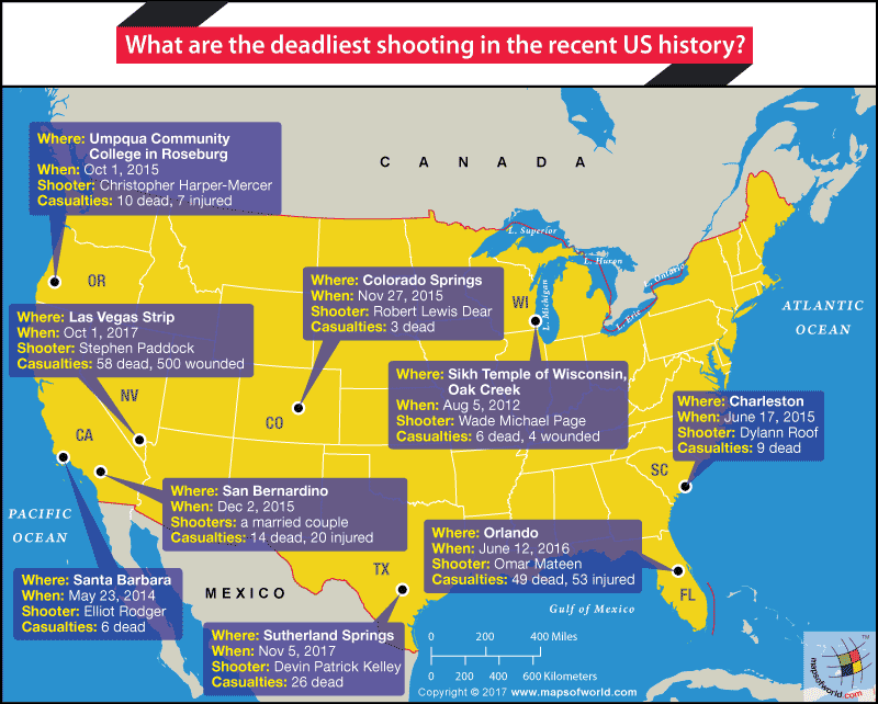 US map highlighting places where some of the deadliest shootings took place