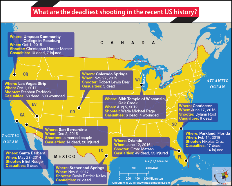 US map highlighting places where some of the deadliest shootings took place in recent times