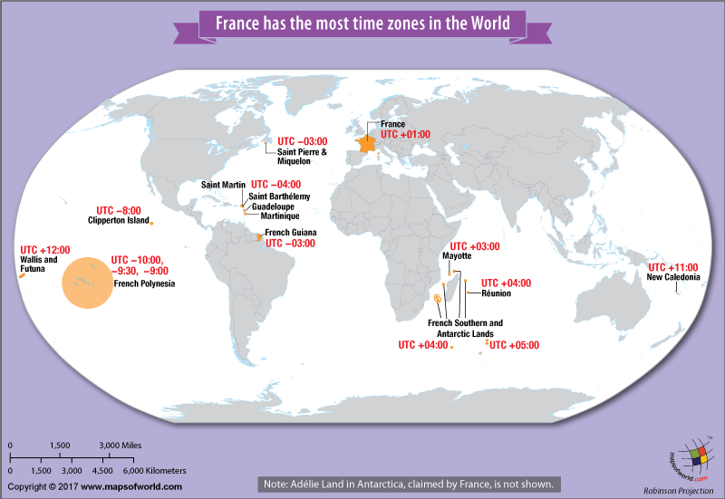 World Map showing overseas territories of France located in different time zone