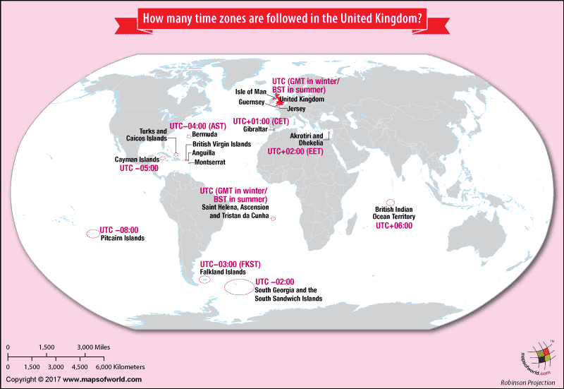 World Map showing UK overseas territories located in different time zones