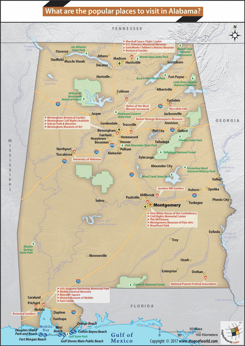 Alabama Map showing major tourist attractions of the state