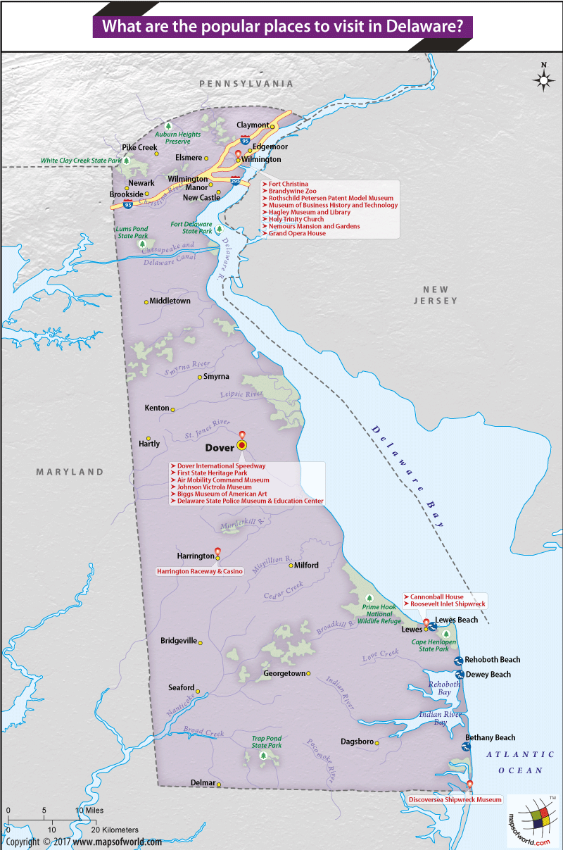 Map of Attractions and places to see in Delaware 