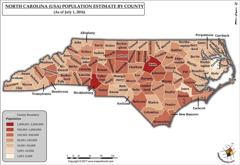 North Carolina Counties Map With Population