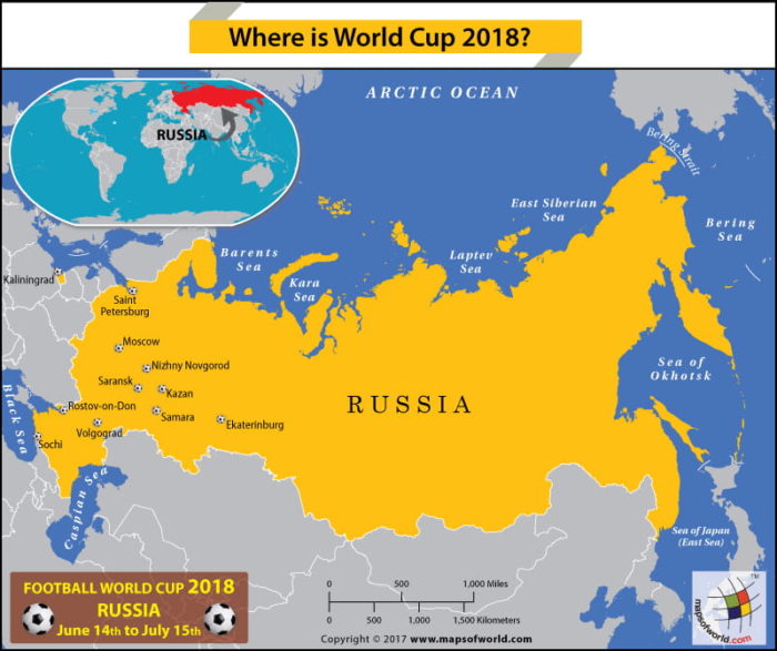 Russia Map showing the Football World Cup 2018 host cities