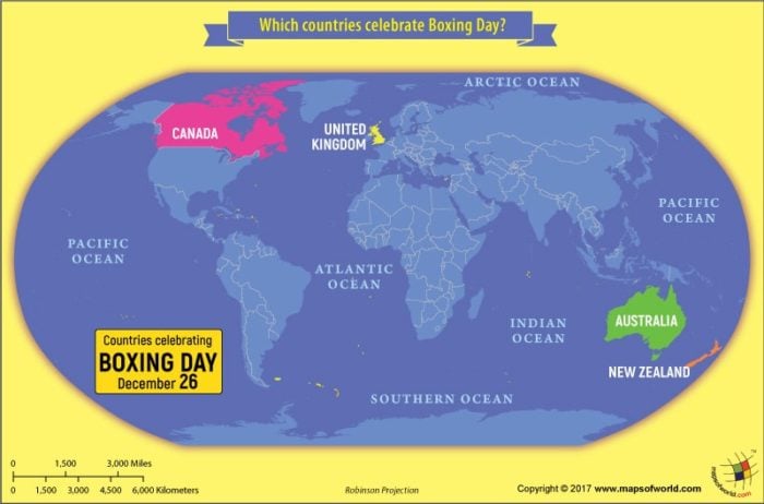 World map showing countries that celebrate Boxing day